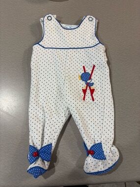Vintage 3-6 months Polka Dot Baby Footed Romper with Blue Trim and Red Accent